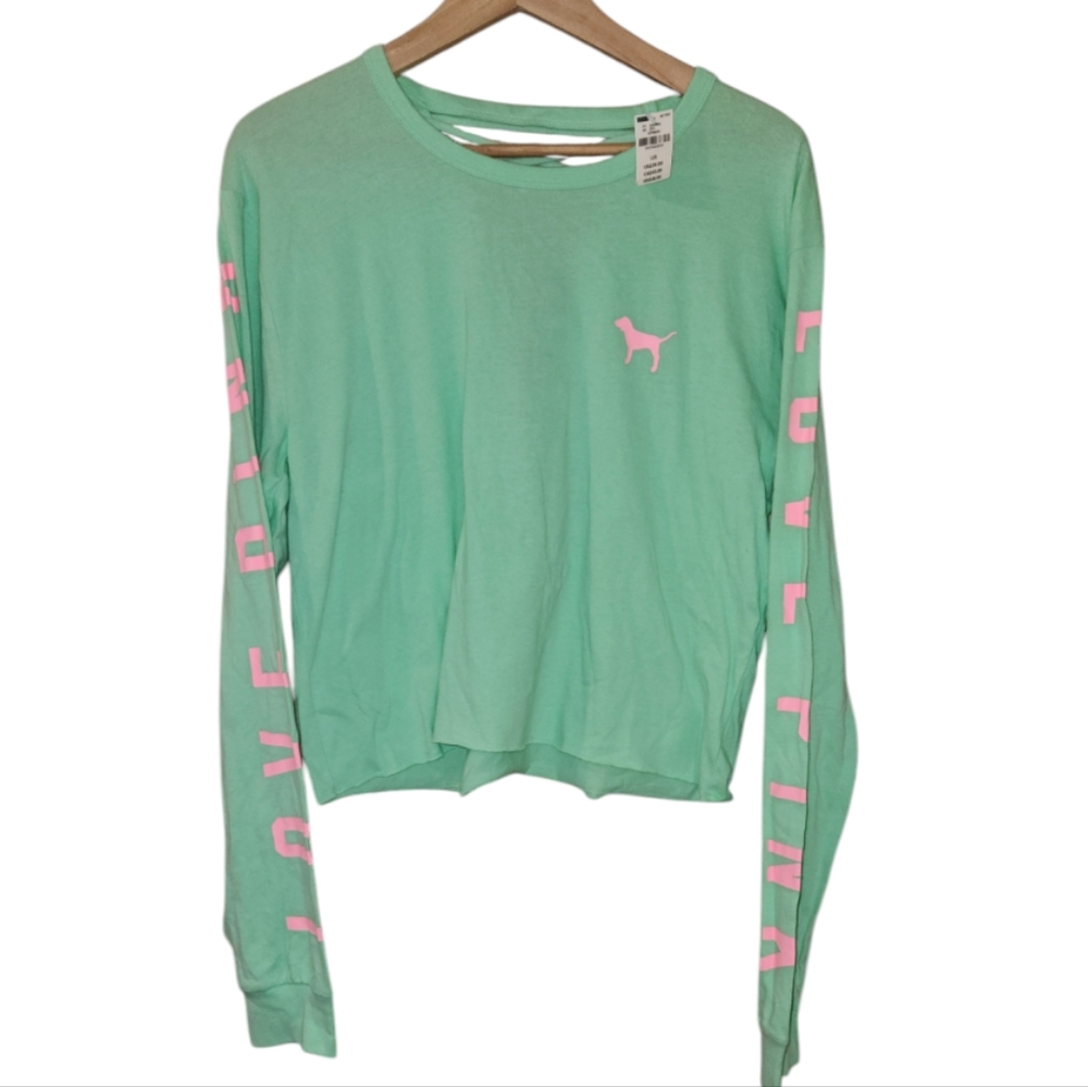 Mint green/ pink cropped VS PINK lace up shirt L Large NWT